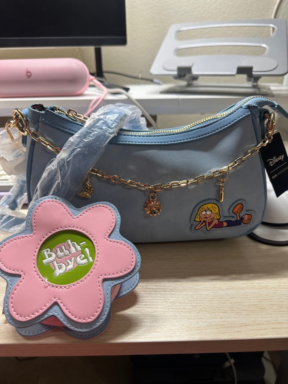 Disney Light Blue Shoulder Bag with Pink Flower Charm and Gold Chain